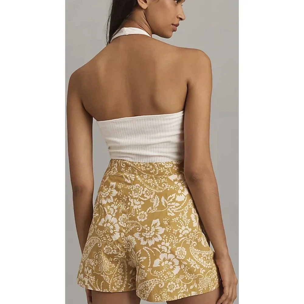 Anthropologie Maeve Pleated Poplin Floral Shorts in Chartreuse Mustard Yellow - Picture 3 of 9